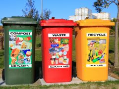 red yellow and green trash bins